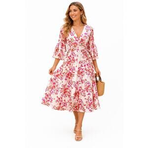 Calvin Klein Colorful Floral Wrap Dress Triple Ruffle Bell Sleeve Women’s Sz 14